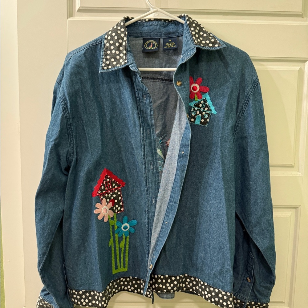 Whimsy Cottagecore Lighthouse Apparel‎ Denim Shirt with Floral Embroidery